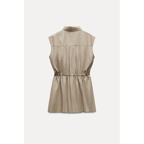 Khaki Brown Zara Collared Button Down Drawstring Waist Sleeveless Tunic Top, NWT - Picture 3 of 6